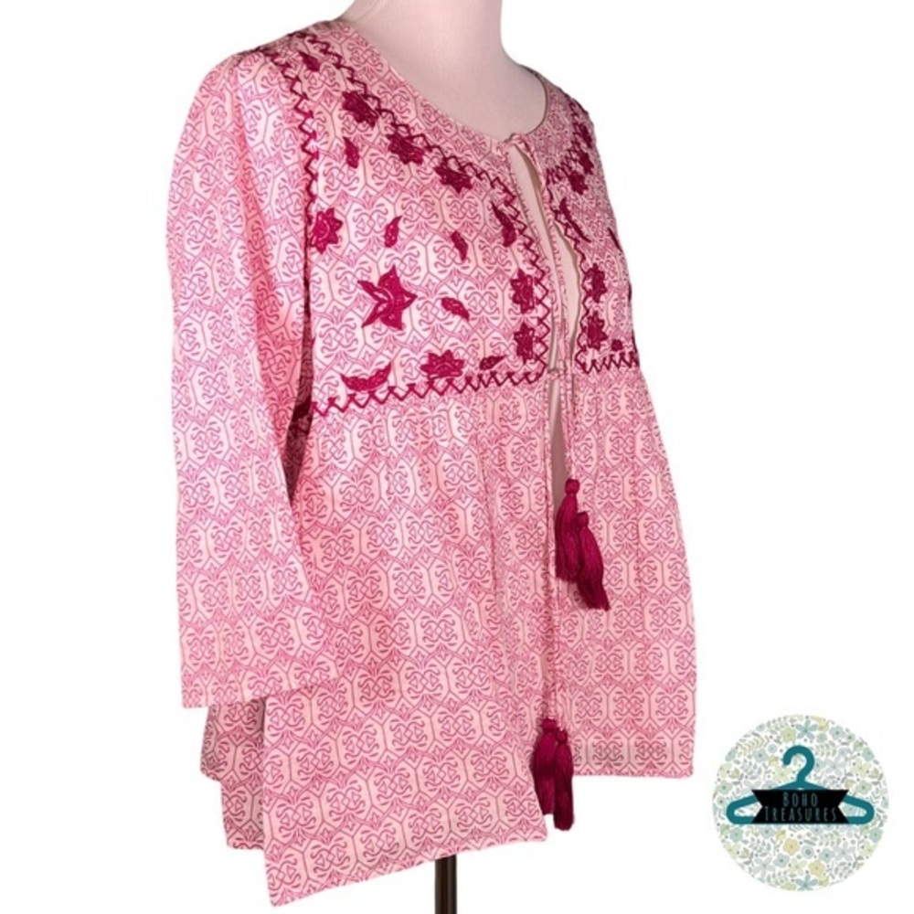 Women's Top by Hazel Anthropologie Open Front Tassel Embroidered Blouse Size L